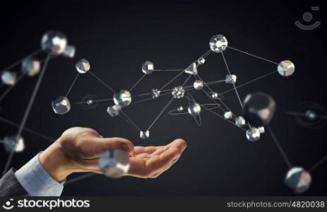 Technologies for connection. Close view of male presenting social network concept . 3D rendering