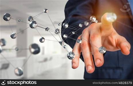 Technologies for connection. Close view of male touching social network concept . 3D rendering