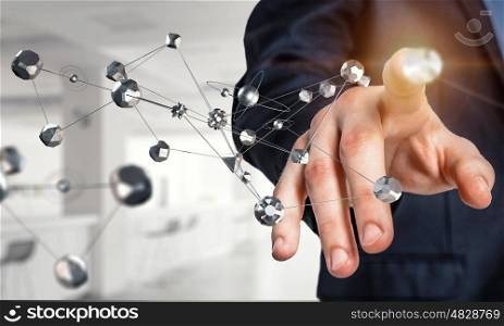 Technologies for connection. Close view of male touching social network concept . 3D rendering