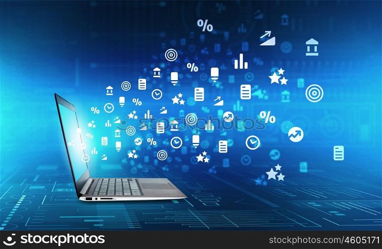 Technologies that connect people. Laptop against blue background and social connection lines