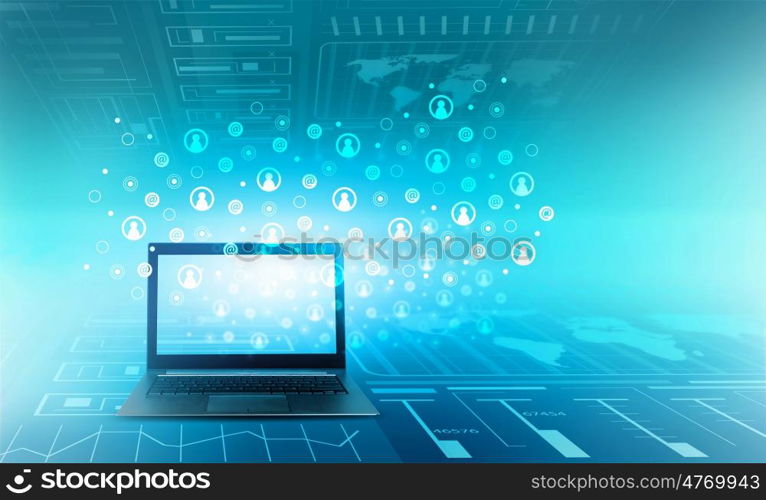 Technologies that connect people. Laptop against blue background and social connection lines