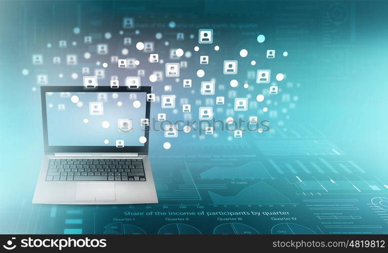 Technologies that connect people. Laptop against blue background and social connection lines