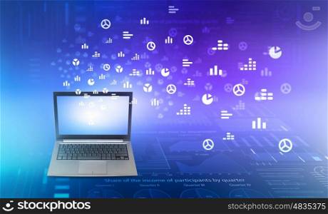 Technologies that connect people. Laptop against blue background and social connection lines