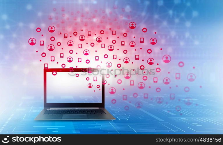 Technologies that connect people. Laptop against blue background and social connection lines