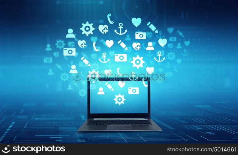 Technologies that connect people. Laptop against blue background and social connection lines