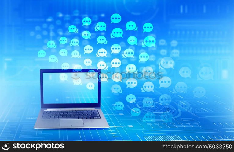 Technologies that connect people. Laptop against blue background and social connection lines