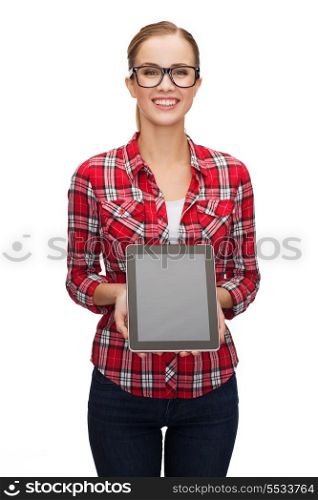 technology, advertisement, education and people concept - smiling girl in eyeglasses with blank tablet pc screen
