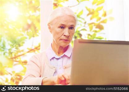 technology, age and people concept - senior woman with laptop computer at home over green natural background. senior woman with laptop at home