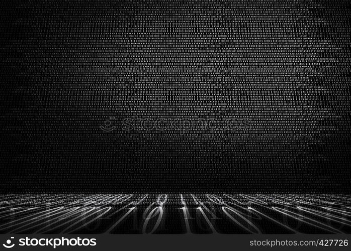 Technology and abstract background from numbers in row pattern. Binary computer code. Programming or hacker concept. Black and white background.