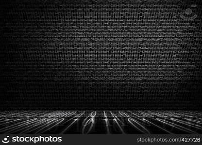 Technology and abstract background from numbers in row pattern. Binary computer code. Programming or hacker concept. Black and white background.