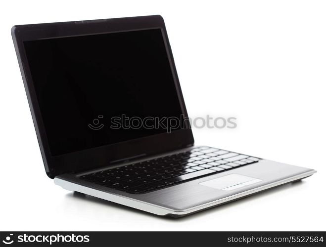 technology and advertisement concept - laptop computer with blank black screen