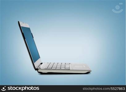 technology and advertisement concept - laptop computer with blank black screen
