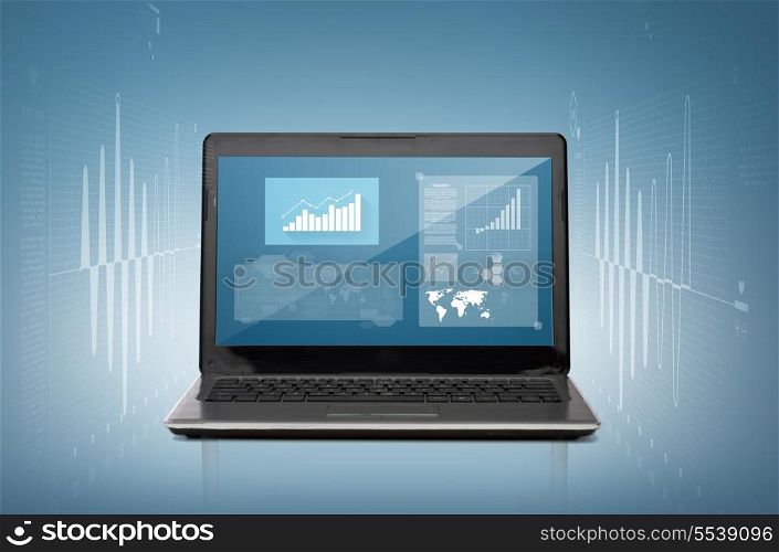 technology and advertisement concept - laptop computer with graph on screen