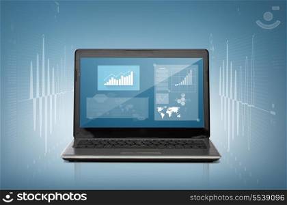 technology and advertisement concept - laptop computer with graph on screen