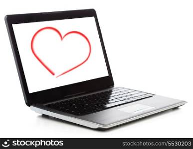 technology and advertisement concept - laptop computer with heart on white screen