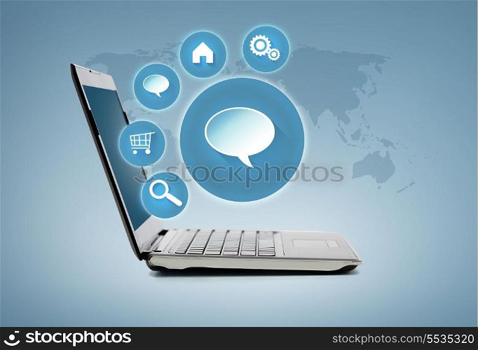 technology and advertisement concept - laptop computer with icons