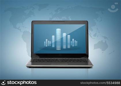 technology and advertisement concept - laptop computer with skyscrapers on screen