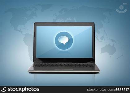 technology and advertisement concept - laptop computer with text bubble on screen