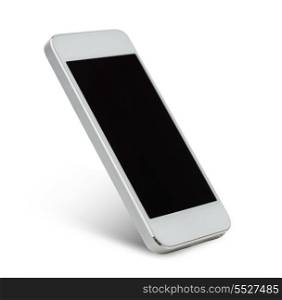 technology and advertisement concept - white smarthphone with black blank screen