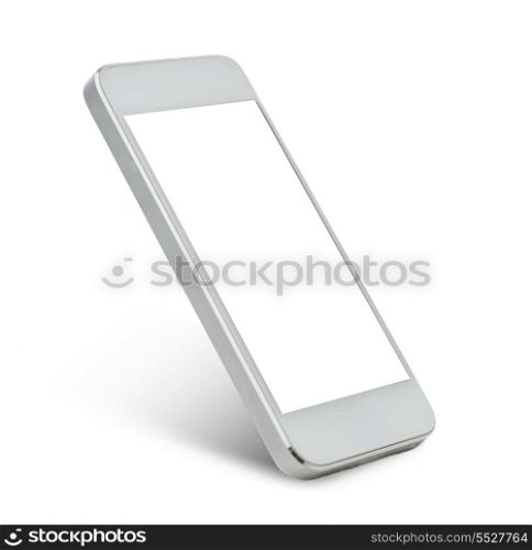 technology and advertisement concept - white smarthphone with black blank screen