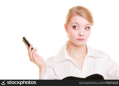 Technology and business communication. Young businesswoman rejecting call. Blonde woman using smartphone cell phone isolated on white.