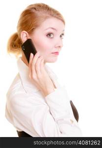 Technology and business communication. Young businesswoman talking on cell phone. Blonde woman using smartphone isolated on white.