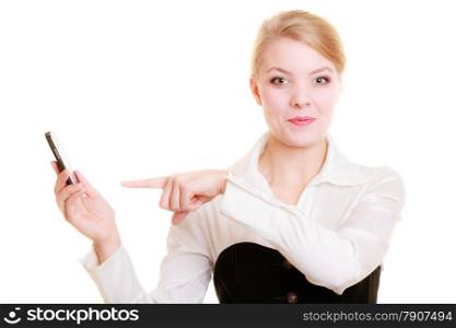 Technology and business communication. Young happy businesswoman rejecting call. Smiling woman using smartphone cell phone isolated on white.