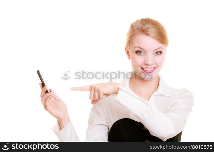 Technology and business communication. Young happy businesswoman rejecting call. Smiling woman using smartphone cell phone isolated on white.