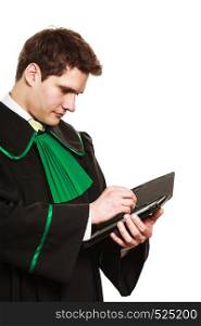 Technology and career legal advice. Young male lawyer hold tablet portable computer show advice and help point with pen.. Young male lawyer hold tablet computer in open case.