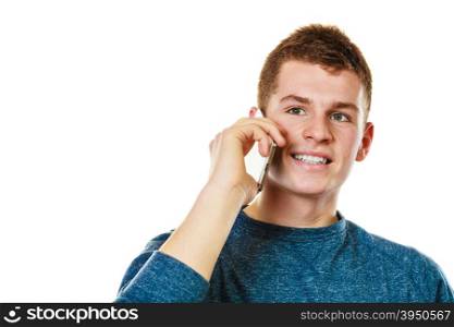 Technology and communication. Young man casual style talking on mobile cell phone using smartphone isolated on white
