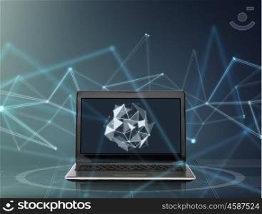 technology and cyberspace concept - laptop computer with low poly shape on screen over dark gray background. laptop with low poly shape on screen