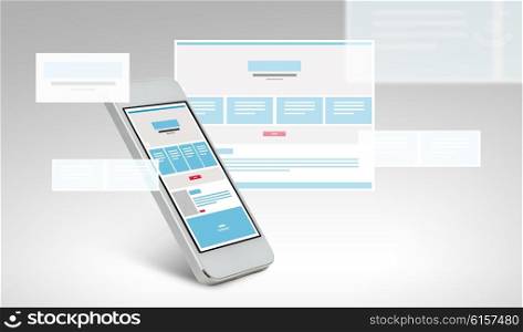 technology and design concept - smarthphone with web page design template on screen. smarthphone with web page design on screen