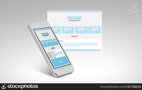 technology and design concept - smarthphone with web page design template on screen. smarthphone with web page design on screen