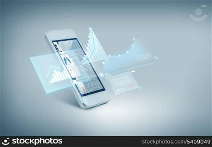 technology and electronics concept - white smarthphone with charts on screen