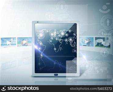 technology and internet concept - illustration of tablet pc with map and footage