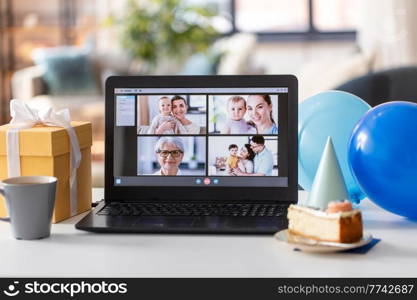 technology and online communication concept - laptop computer with happy people on screen having video call or virtual birthday party at home. laptop with video call or online birthday party