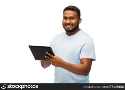 technology and people concept - happy young african american man with tablet computer over white background. happy african american man with tablet computer