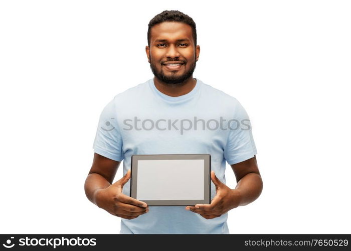 technology and people concept - happy young african american man with tablet computer over white background. happy african american man with tablet computer