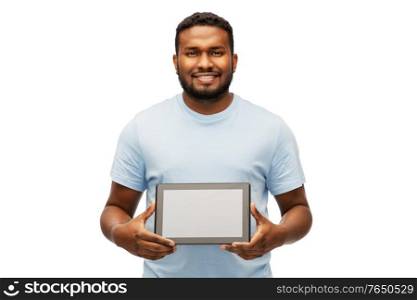 technology and people concept - happy young african american man with tablet computer over white background. happy african american man with tablet computer