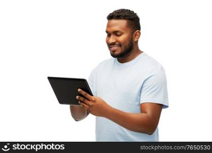 technology and people concept - happy young african american man with tablet computer over white background. happy african american man with tablet computer