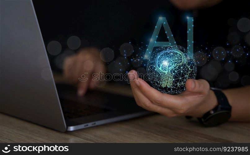 Technology and people concept man use AI to help work, AI Learning and Artificial Intelligence Concepts. Business, modern technology, internet and networking concept. AI technology in everyday life.
