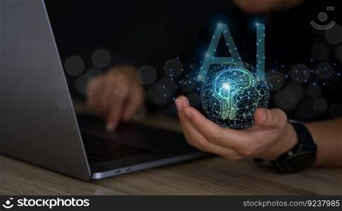 Technology and people concept man use AI to help work, AI Learning and Artificial Intelligence Concepts. Business, modern technology, internet and networking concept. AI technology in everyday life.