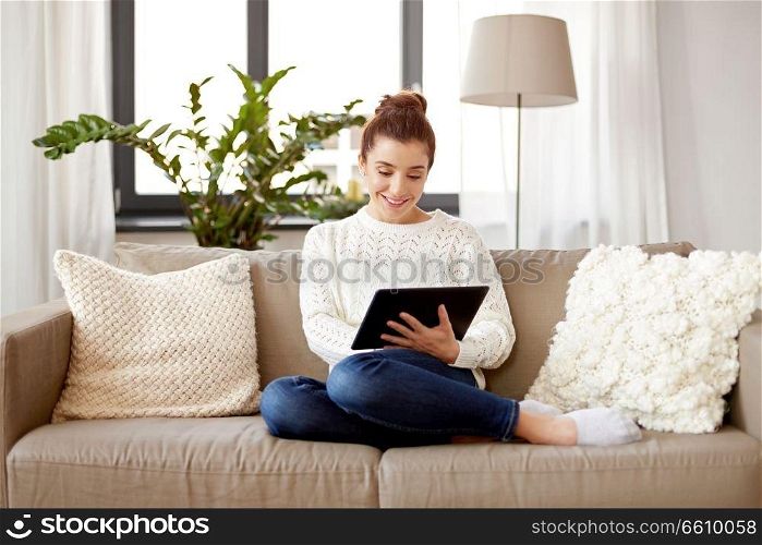 technology and people concept - smiling woman with tablet pc computer at home. woman with tablet pc computer at home