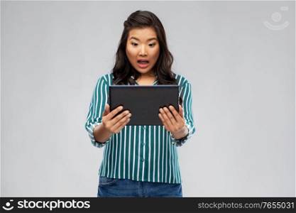 technology and people concept - surprised asian woman using tablet computer over grey background. surprised asian woman using tablet computer