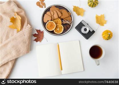 technology and season concept - notebook with pencil, autumn leaves, cup of tea, gingerbread cookies with dried orange slices and film camera on white background. notebook, hot chocolate, camera and autumn leaves