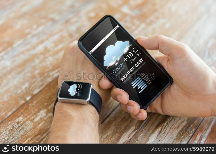 technology, application, weather forecast and people concept - close up of male hand holding smart phone and wearing watch with cloud icon and air temperature on screen