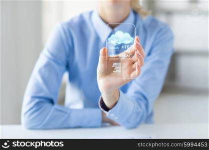 technology, application, weather, forecast and people concept - close up of woman hand holding and showing transparent smartphone with cloud icon and air temperature on screen at office