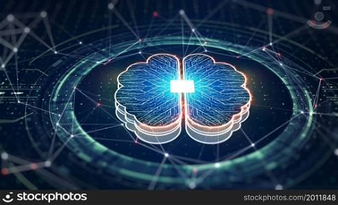 Technology Artificial intelligence (AI) brain animation digital data concept. Big Data Flow Analysis. Deep Learning Modern Technologies. Futuristic Cyber Technology Innovation. 3D Rendering.