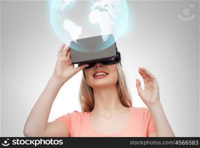 technology, augmented reality and people concept - happy young woman with headset or 3d glasses looking at virtual projection of earth globe