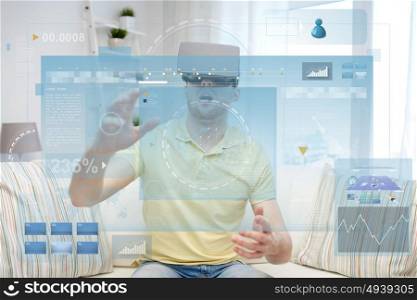 technology, augmented reality, big data and people concept - amazed young man with virtual headset or 3d glasses and screens projection. young man in virtual reality headset or 3d glasses